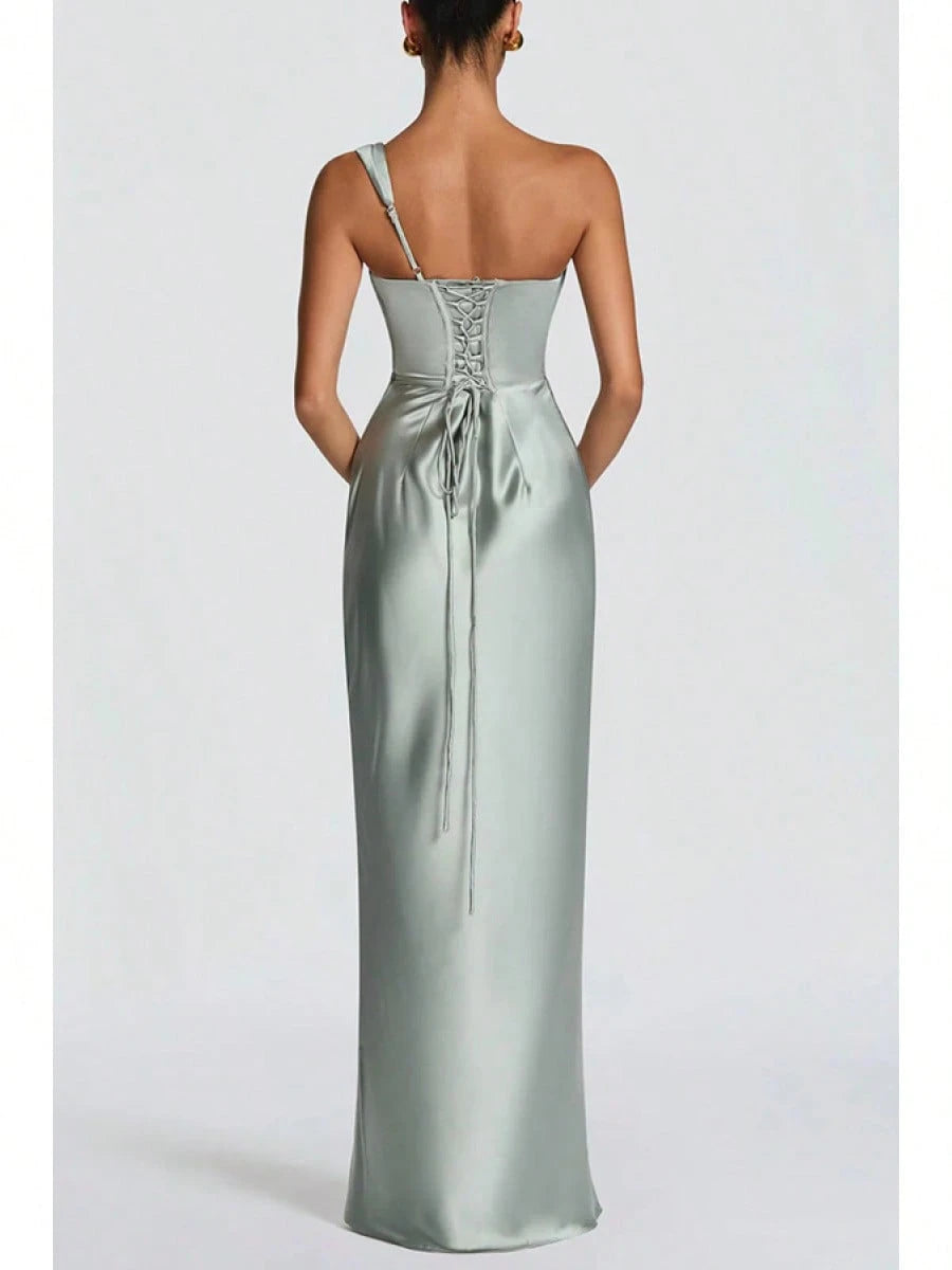 Women Satin One Shoulder Bodycon Maxi Dress Elegant Evening Party Gown