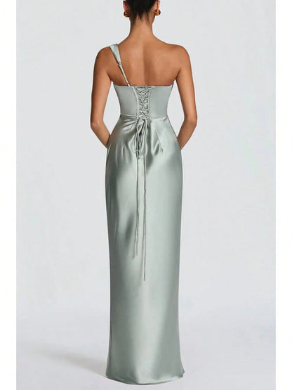 Women Satin One Shoulder Bodycon Maxi Dress Elegant Evening Party Gown
