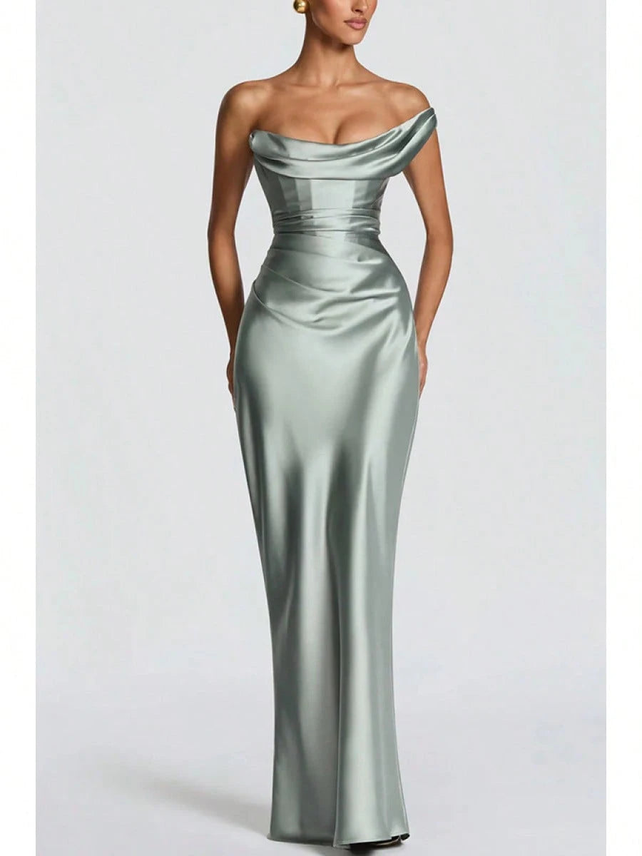 Women Satin One Shoulder Bodycon Maxi Dress Elegant Evening Party Gown