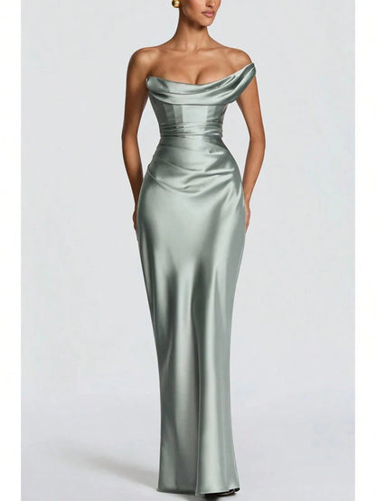 Women Satin One Shoulder Bodycon Maxi Dress Elegant Evening Party Gown