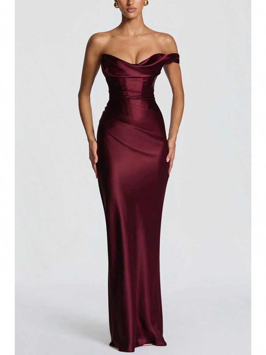 Women Satin One Shoulder Bodycon Maxi Dress Elegant Evening Party Gown