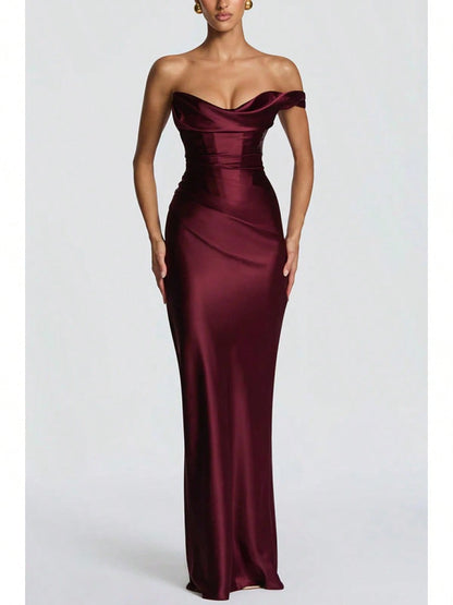 Women Satin One Shoulder Bodycon Maxi Dress Elegant Evening Party Gown