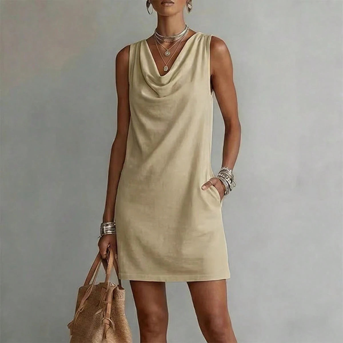 Women Solid Cowl Neck Sleeveless Mini Dress Side Pockets Loose Casual Summer Beach Cover Up Shift Dress