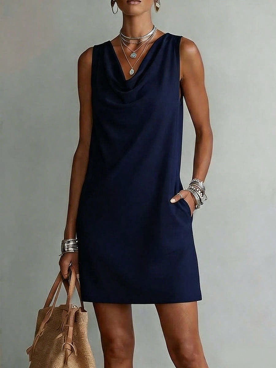 Women Solid Cowl Neck Sleeveless Mini Dress Side Pockets Loose Casual Summer Beach Cover Up Shift Dress
