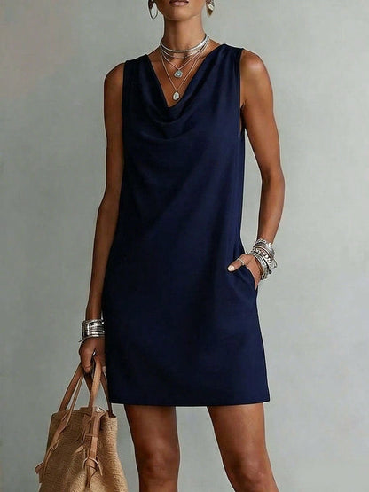 Women Solid Cowl Neck Sleeveless Mini Dress Side Pockets Loose Casual Summer Beach Cover Up Shift Dress