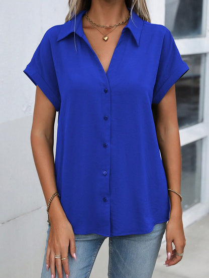 Women Summer Solid Color Batwing Short Sleeve Loose Casual Shirt