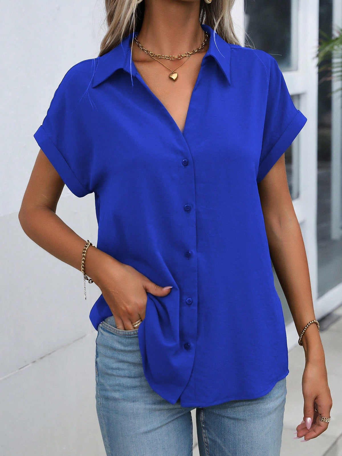 Women Summer Solid Color Batwing Short Sleeve Loose Casual Shirt