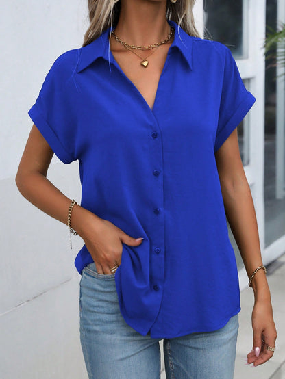 Women Summer Solid Color Batwing Short Sleeve Loose Casual Shirt