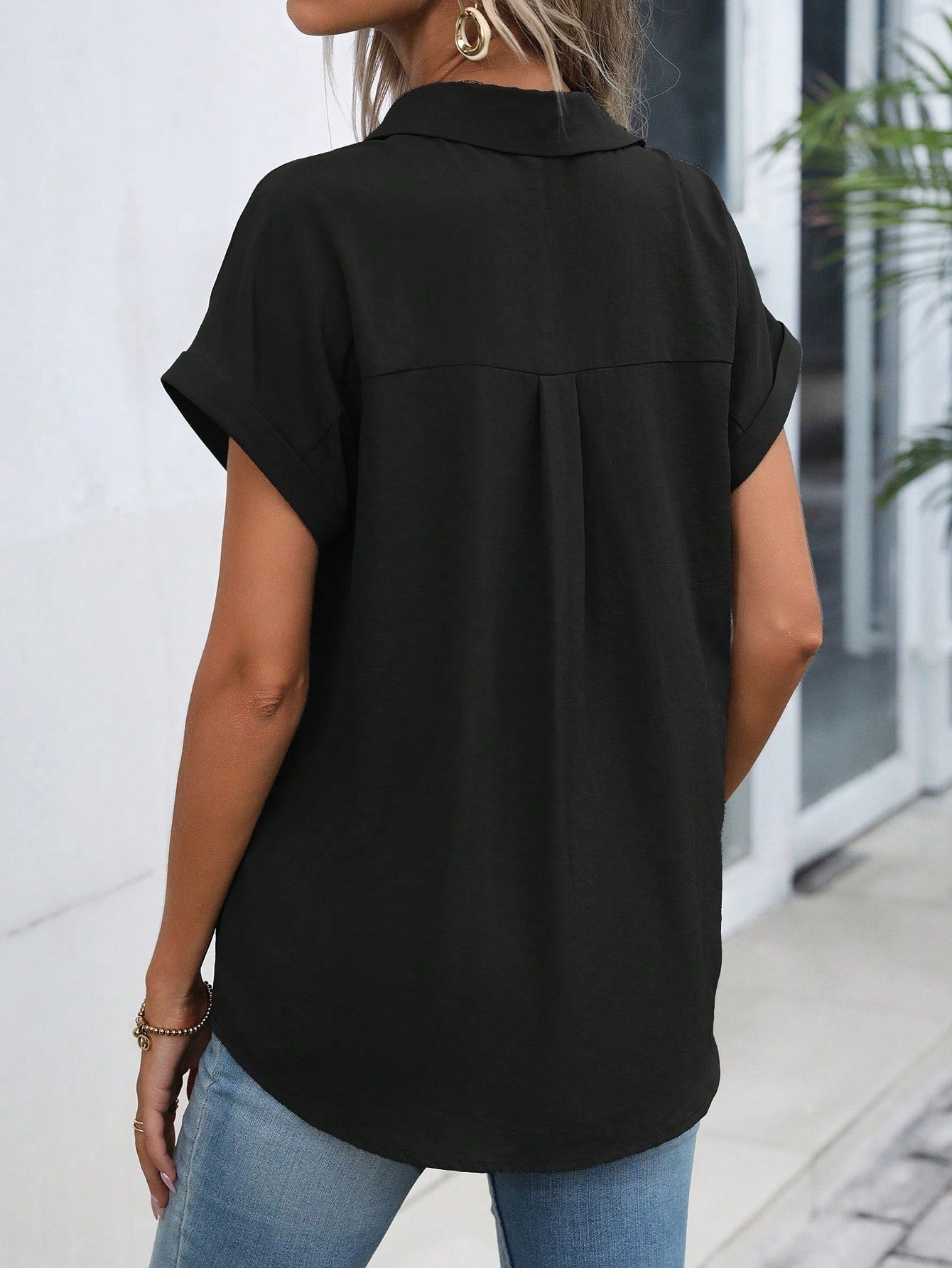Women Summer Solid Color Batwing Short Sleeve Loose Casual Shirt
