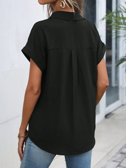 Women Summer Solid Color Batwing Short Sleeve Loose Casual Shirt