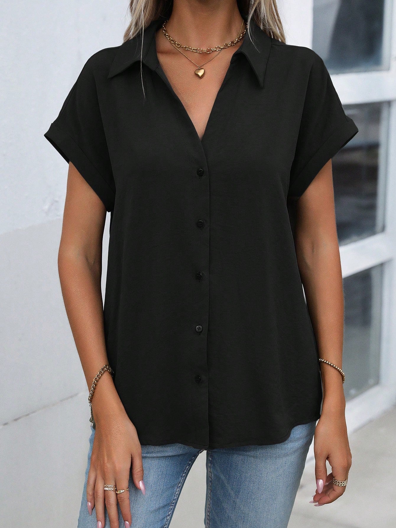 Women Summer Solid Color Batwing Short Sleeve Loose Casual Shirt