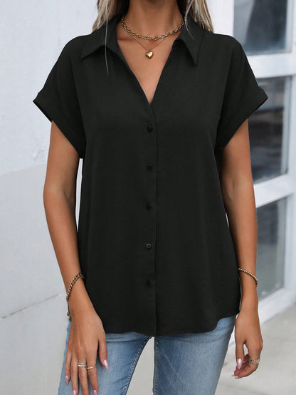 Women Summer Solid Color Batwing Short Sleeve Loose Casual Shirt