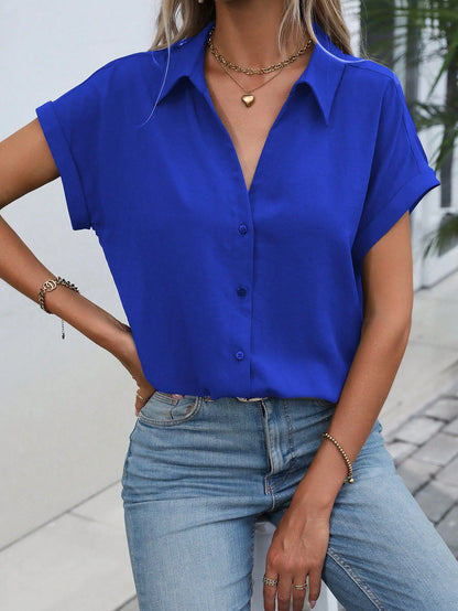 Women Summer Solid Color Batwing Short Sleeve Loose Casual Shirt
