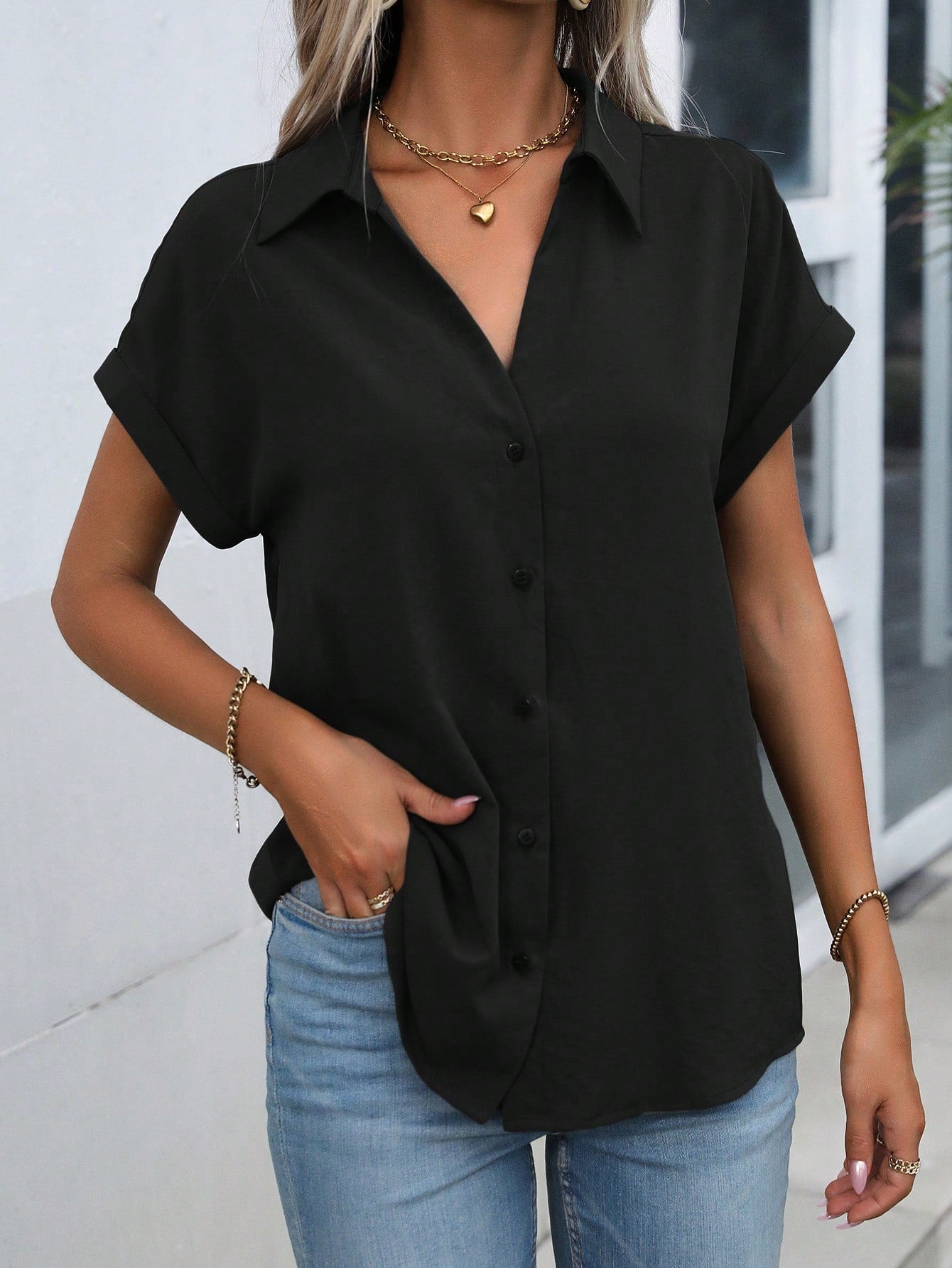 Women Summer Solid Color Batwing Short Sleeve Loose Casual Shirt