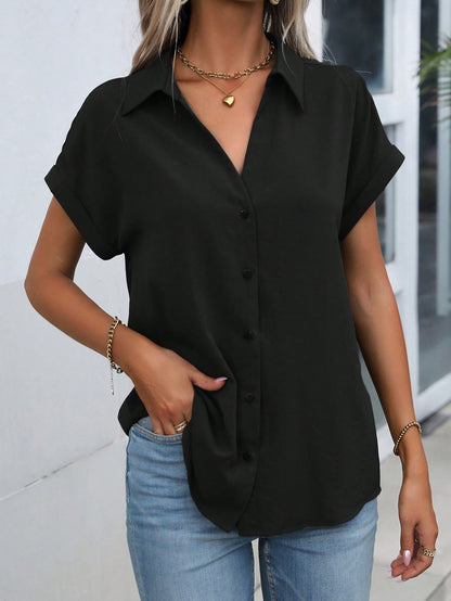 Women Summer Solid Color Batwing Short Sleeve Loose Casual Shirt