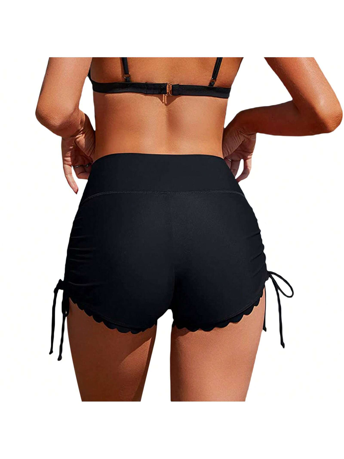 Women Swim Shorts High Waist Drawstring Wavy Hem Solid Summer Bathing Surfing Bottoms