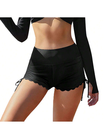 Women Swim Shorts High Waist Drawstring Wavy Hem Solid Summer Bathing Surfing Bottoms