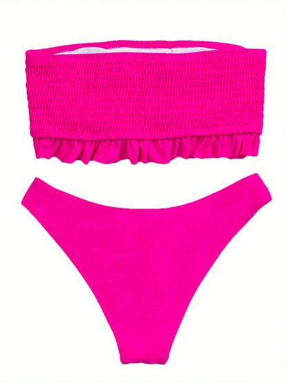 Women Swimsuit, Ruffle Bikini, Patchwork Flouncing Off-Shoulder Sleeveless Push Up Low Waist Briefs, No Shoulder Strap