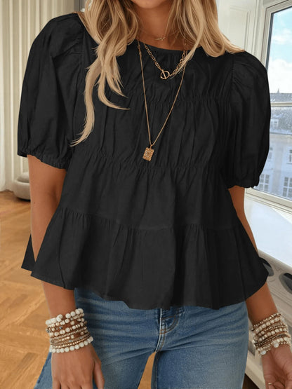Womens Puff Sleeve Peplum Babydoll Tops Summer Smoked Pleated Cotton T-Shirts Casual Loose Fit Flowy Blouse