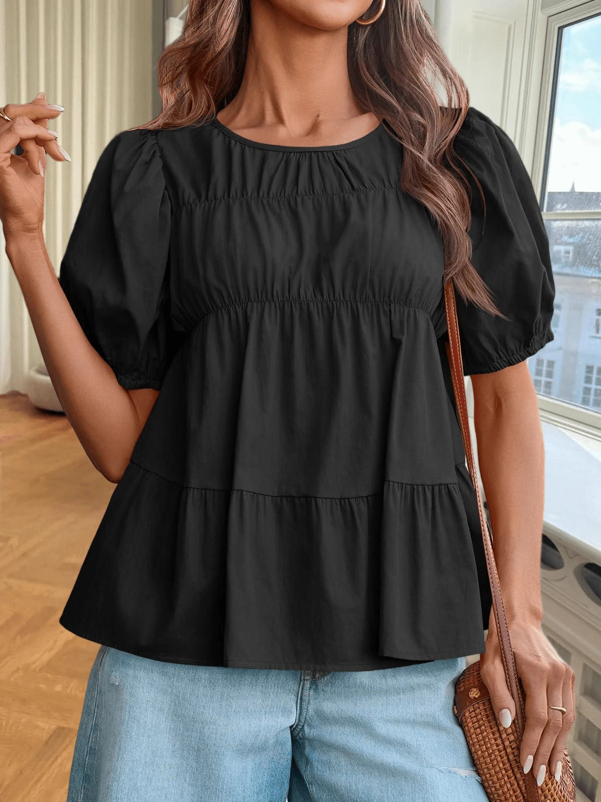 Womens Puff Sleeve Peplum Babydoll Tops Summer Smoked Pleated Cotton T-Shirts Casual Loose Fit Flowy Blouse