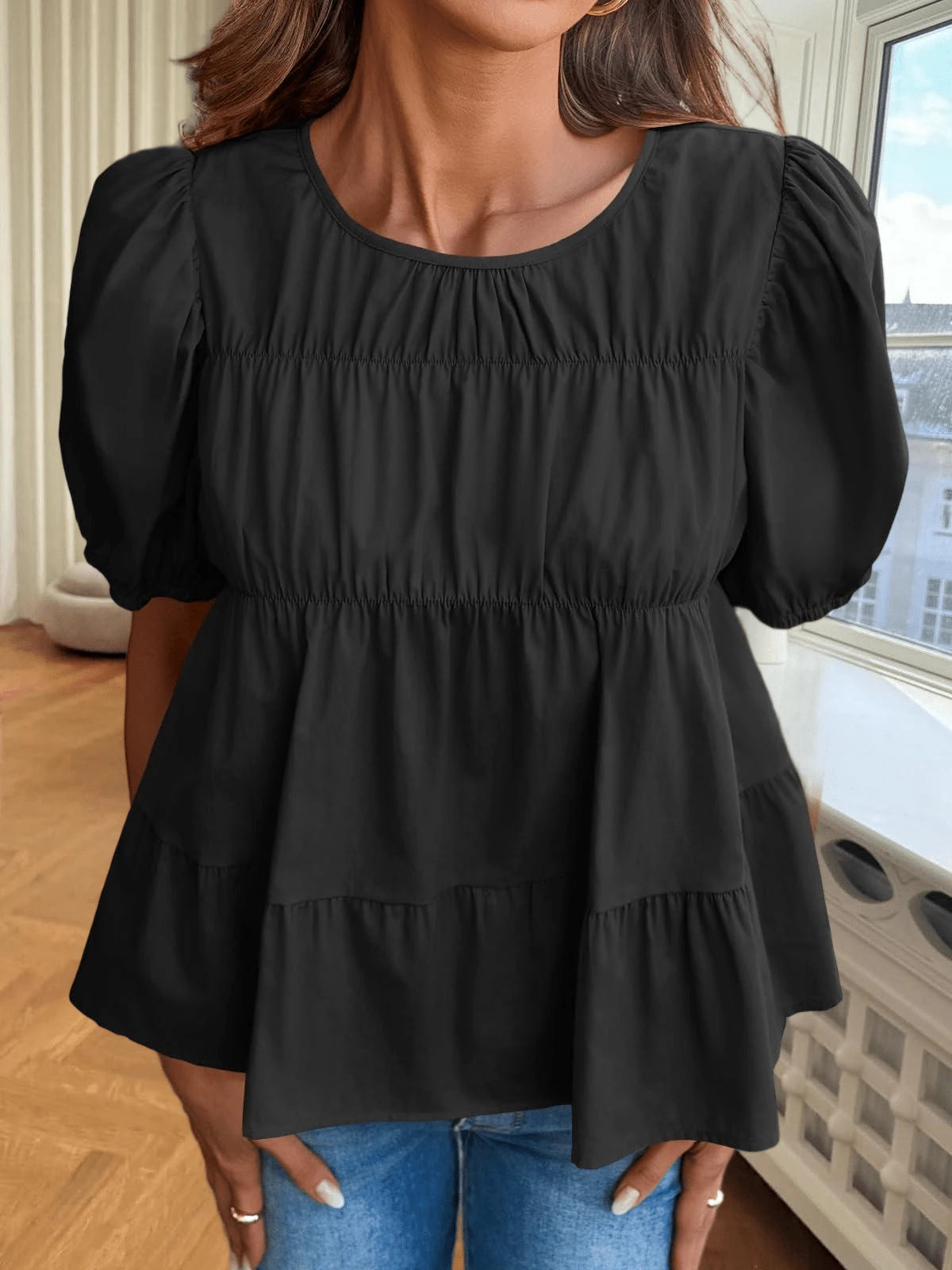 Womens Puff Sleeve Peplum Babydoll Tops Summer Smoked Pleated Cotton T-Shirts Casual Loose Fit Flowy Blouse