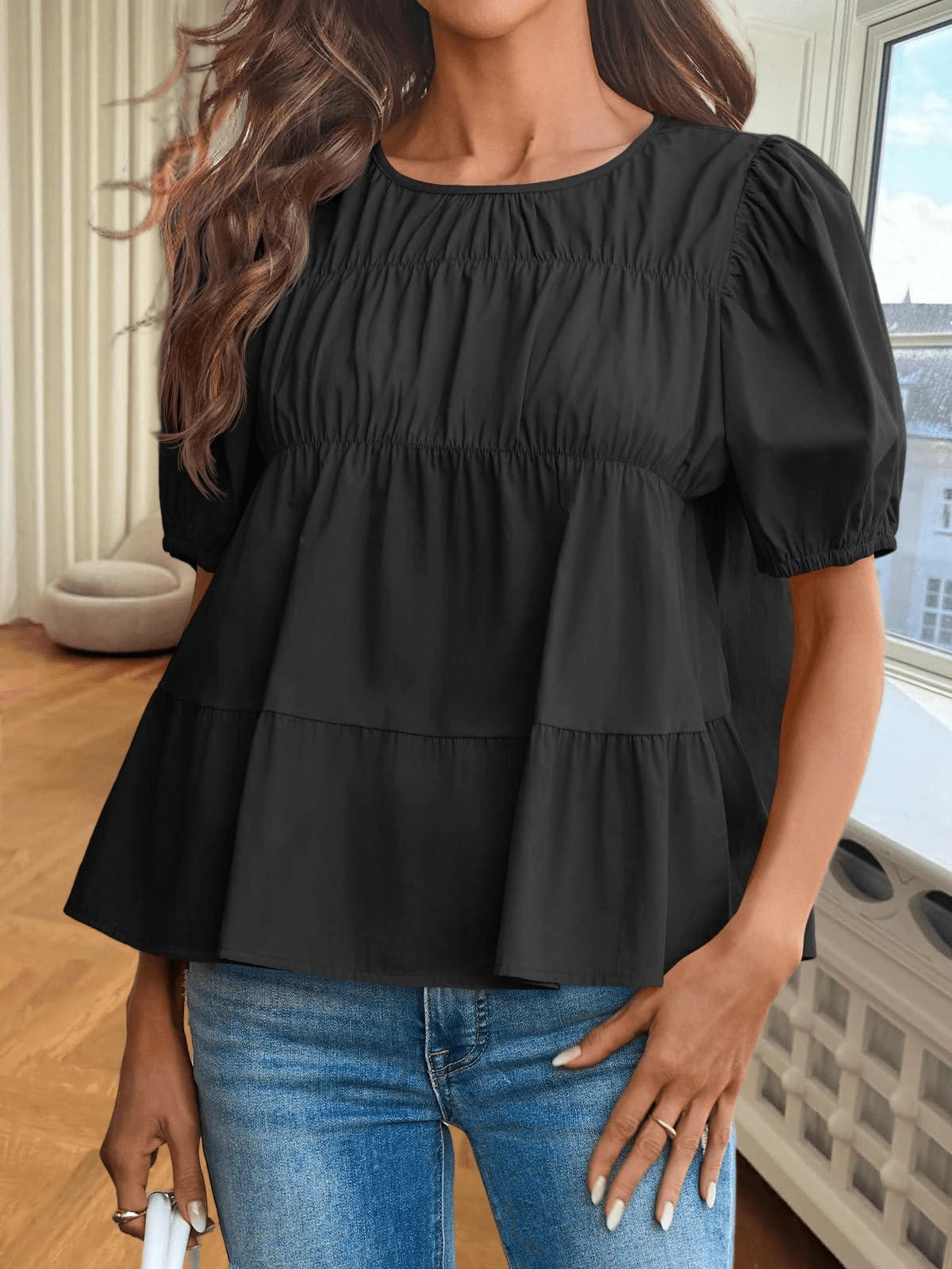 Womens Puff Sleeve Peplum Babydoll Tops Summer Smoked Pleated Cotton T-Shirts Casual Loose Fit Flowy Blouse