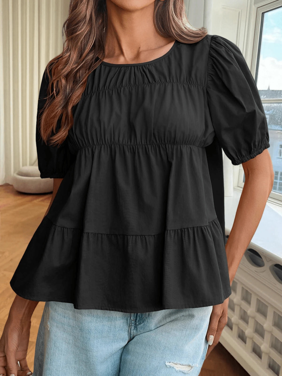 Womens Puff Sleeve Peplum Babydoll Tops Summer Smoked Pleated Cotton T-Shirts Casual Loose Fit Flowy Blouse