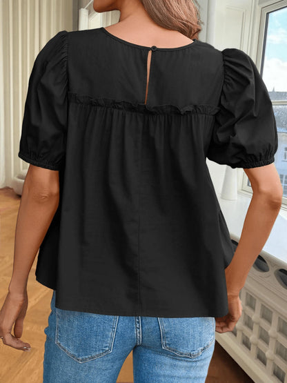Womens Puff Sleeve Peplum Babydoll Tops Summer Smoked Pleated Cotton T-Shirts Casual Loose Fit Flowy Blouse
