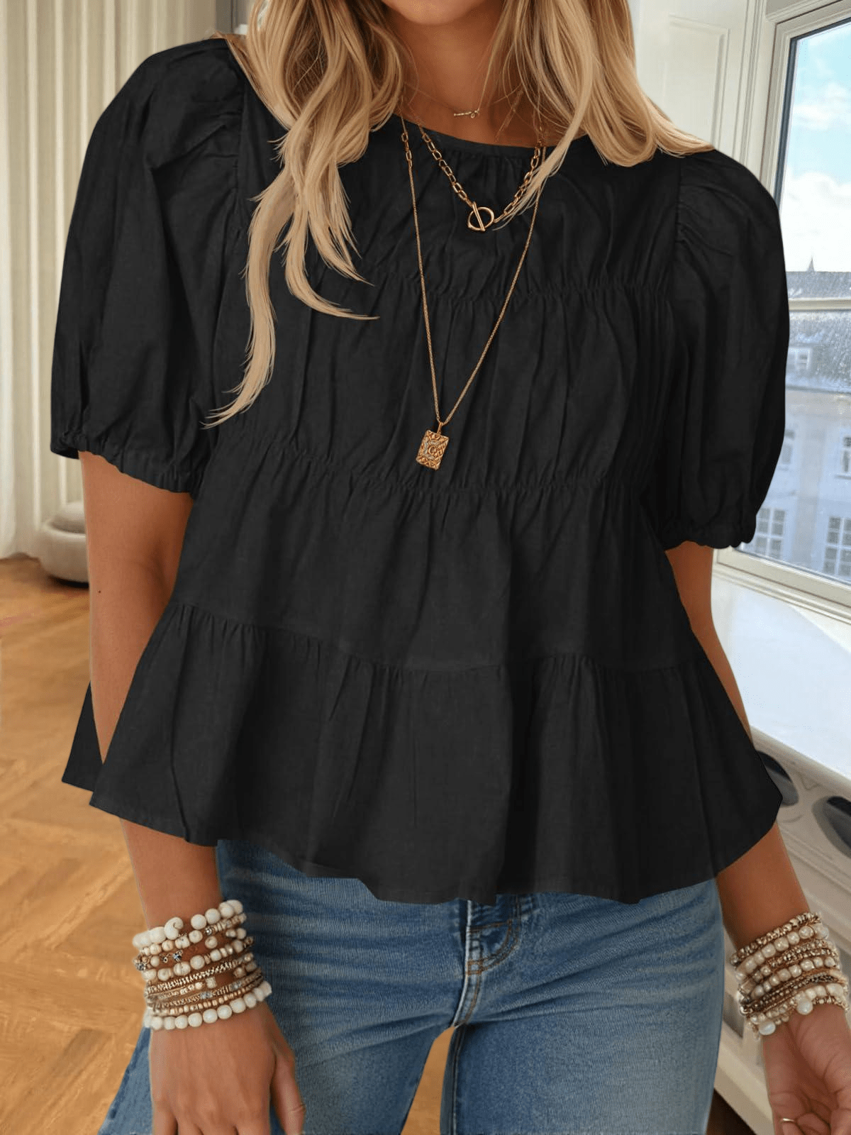 Womens Puff Sleeve Peplum Babydoll Tops Summer Smoked Pleated Cotton T-Shirts Casual Loose Fit Flowy Blouse