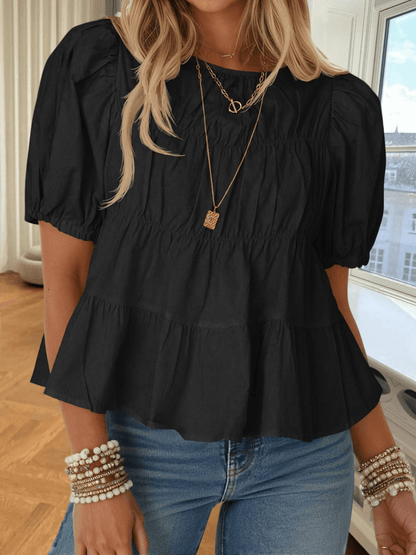 Womens Puff Sleeve Peplum Babydoll Tops Summer Smoked Pleated Cotton T-Shirts Casual Loose Fit Flowy Blouse