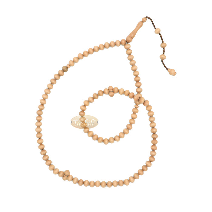 Wooden Muslim Tasbih - Light Brown Tapered Oval Beads 99-Ct Turkish 7x8 mm Stops