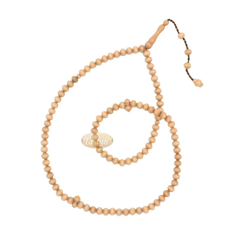 Wooden Muslim Tasbih - Light Brown Tapered Oval Beads 99-Ct Turkish 7x8 mm Stops
