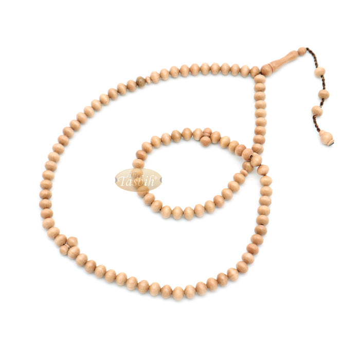 Wooden Muslim Tasbih - Light Brown Tapered Oval Beads 99-Ct Turkish 7x8 mm Stops