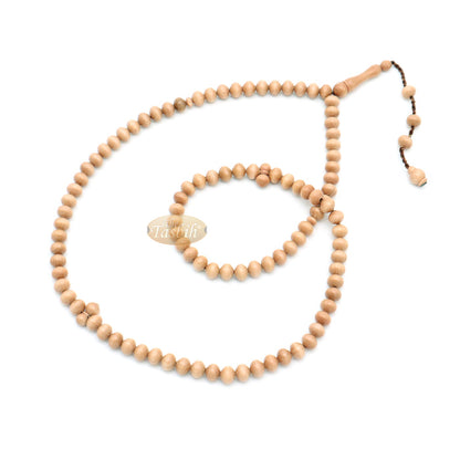 Wooden Muslim Tasbih - Light Brown Tapered Oval Beads 99-Ct Turkish 7x8 mm Stops