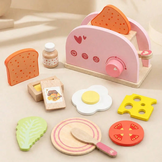 Wooden Toaster & Sandwich Toy Set, Includes Pop-Up Toaster, Sliceable Butter, Kitchen Accessories, Role Play Toys For 3, 4, 5, 6 Years Old Children