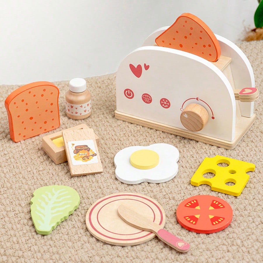 Wooden Toaster & Sandwich Toy Set, Includes Pop-Up Toaster, Sliceable Butter, Kitchen Accessories, Role Play Toys For 3, 4, 5, 6 Years Old Children