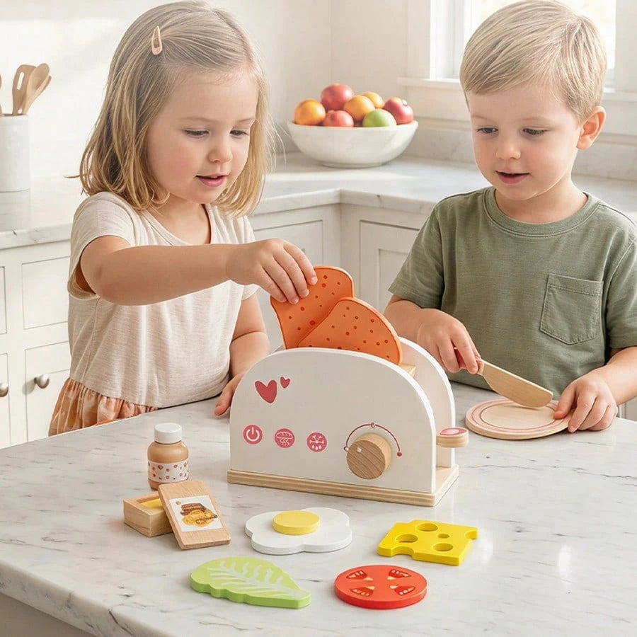 Wooden Toaster & Sandwich Toy Set, Includes Pop-Up Toaster, Sliceable Butter, Kitchen Accessories, Role Play Toys For 3, 4, 5, 6 Years Old Children