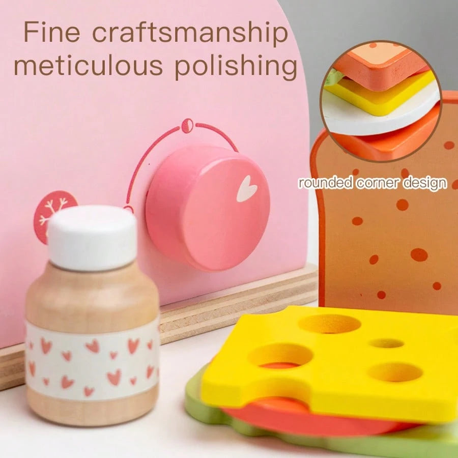 Wooden Toaster & Sandwich Toy Set, Includes Pop-Up Toaster, Sliceable Butter, Kitchen Accessories, Role Play Toys For 3, 4, 5, 6 Years Old Children
