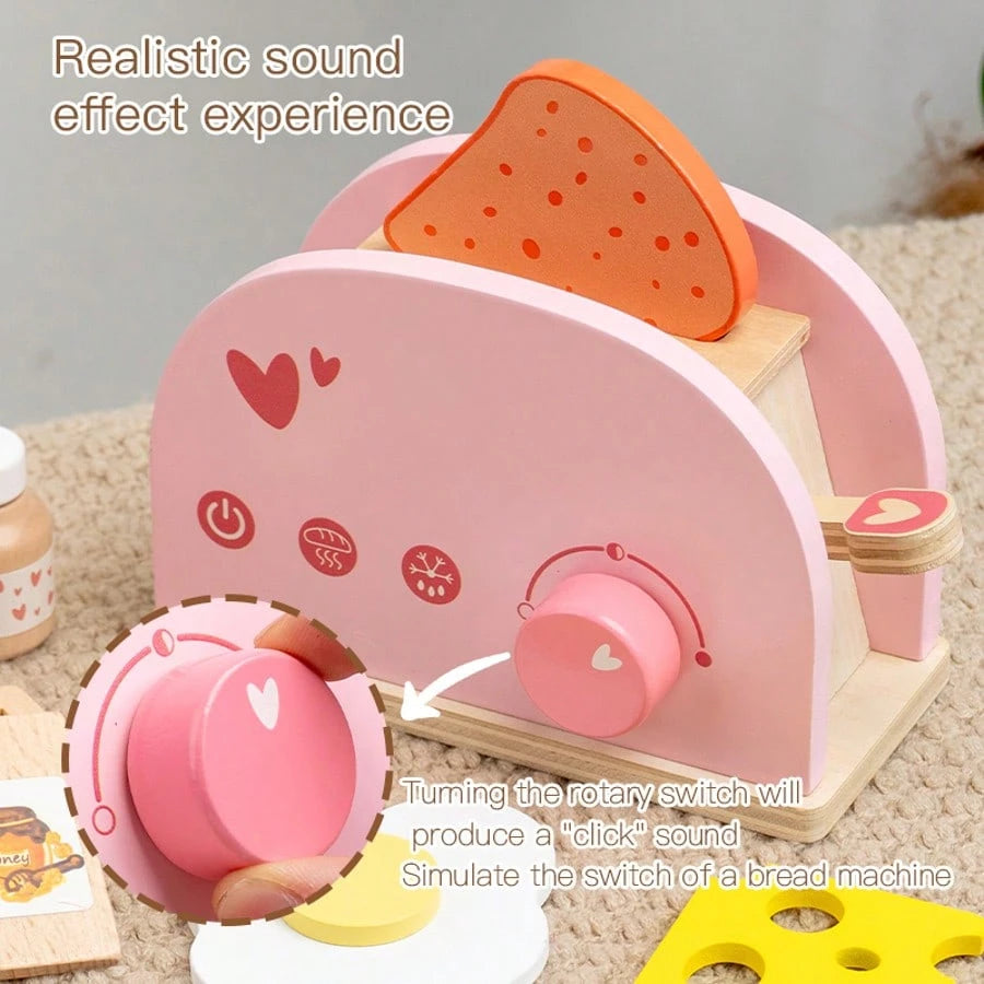 Wooden Toaster & Sandwich Toy Set, Includes Pop-Up Toaster, Sliceable Butter, Kitchen Accessories, Role Play Toys For 3, 4, 5, 6 Years Old Children