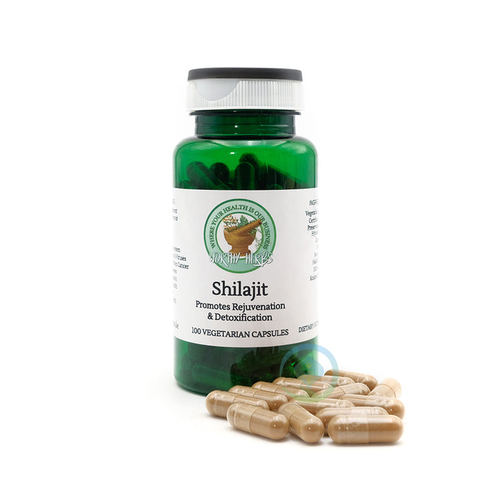 Worthy Herbs Shilajit supplement bottle containing 100 vegetarian capsules for rejuvenation and detoxification.