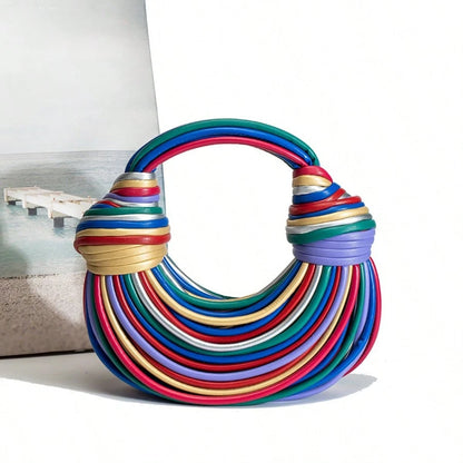 Woven Women's Bag, Ramen & Dumpling Design, Gold Round Handle. Crossbody, Underarm, Clutch & Top Handle. Stylish Handmade Bag For Daily & Party Use.