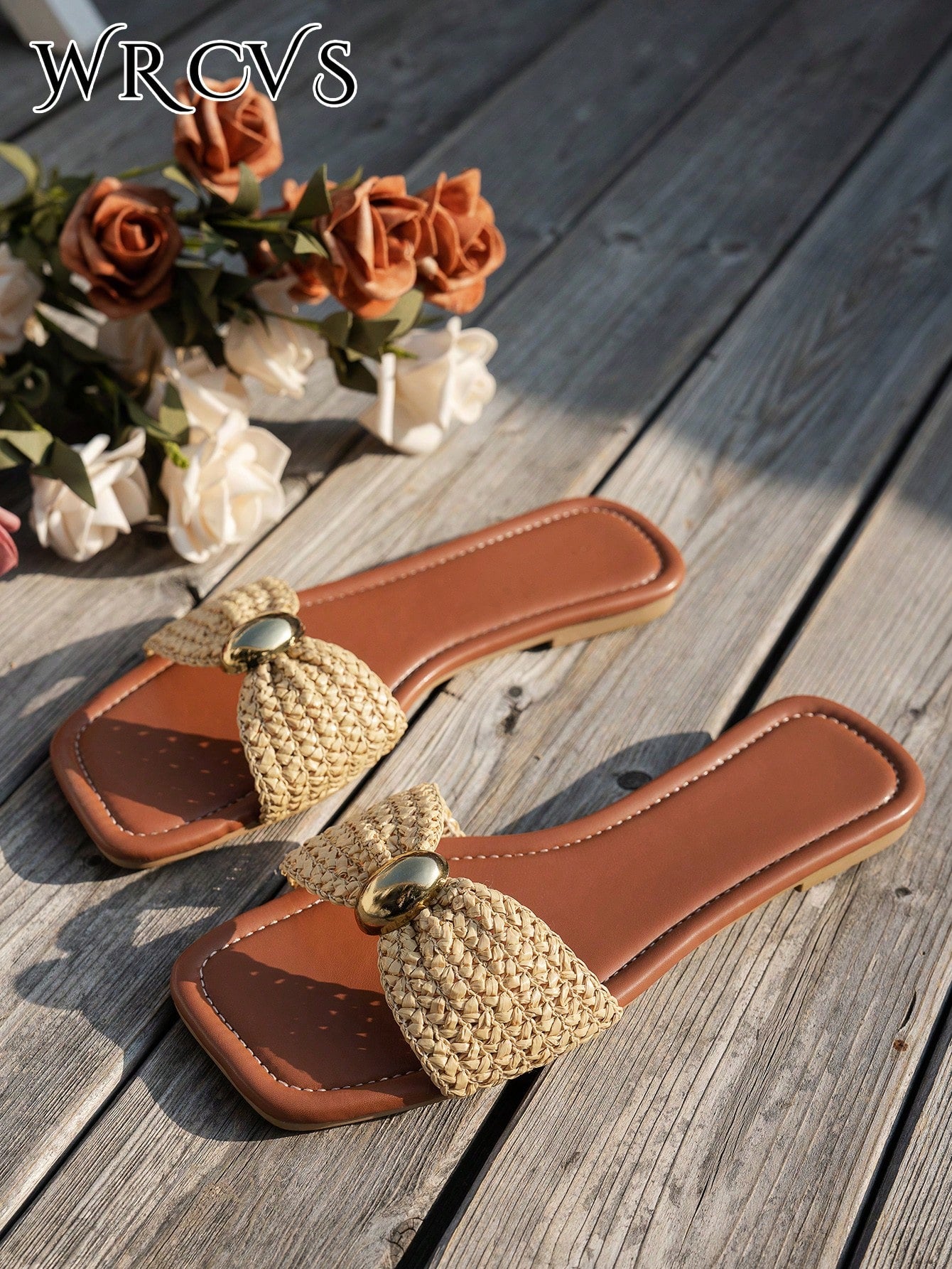 WRCVS Plus Size Wide Fit Beige Sandals, Women's Flat Woven Embroidered Slip-On Sandals, Buckle Casual Slippers, Fashion Flat Sandals For Party, Beach, Vacation,Spring Summer Outfits
