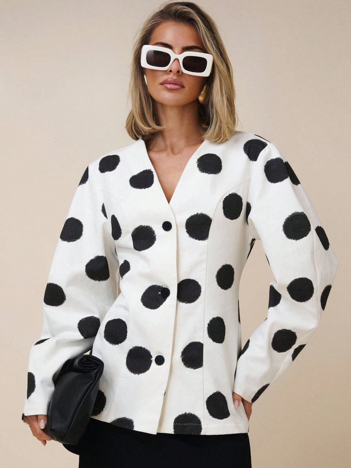 X GALILEA COSMINA Women's Elegant Large Polka Dot Deep V Neck Commuter Blouse, Suitable For Office Wear In Early Autumn