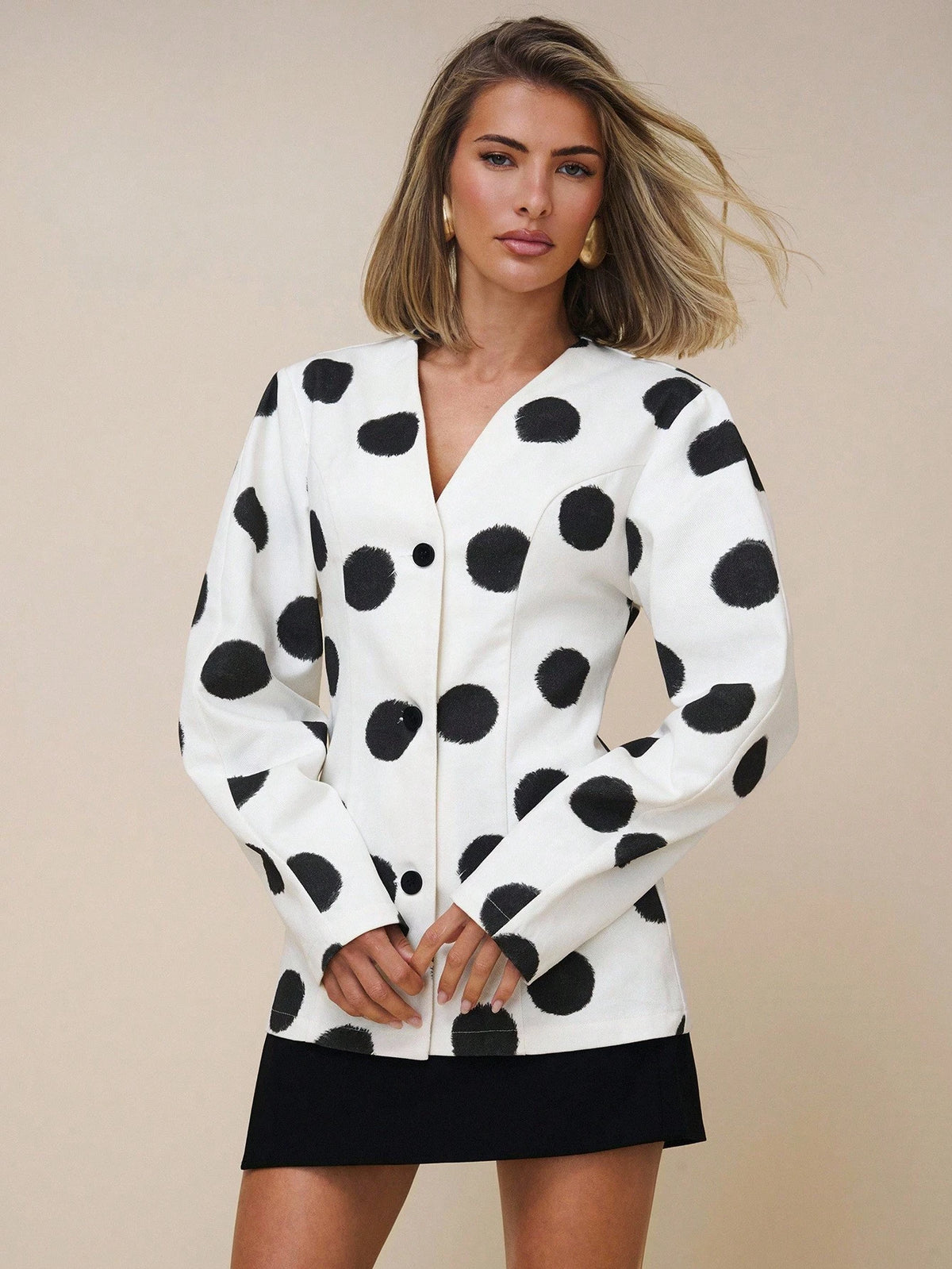 X GALILEA COSMINA Women's Elegant Large Polka Dot Deep V Neck Commuter Blouse, Suitable For Office Wear In Early Autumn