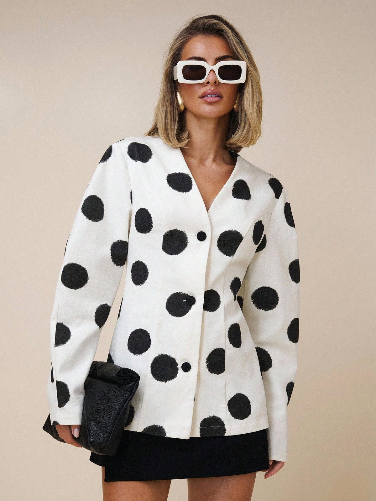 X GALILEA COSMINA Women's Elegant Large Polka Dot Deep V Neck Commuter Blouse, Suitable For Office Wear In Early Autumn