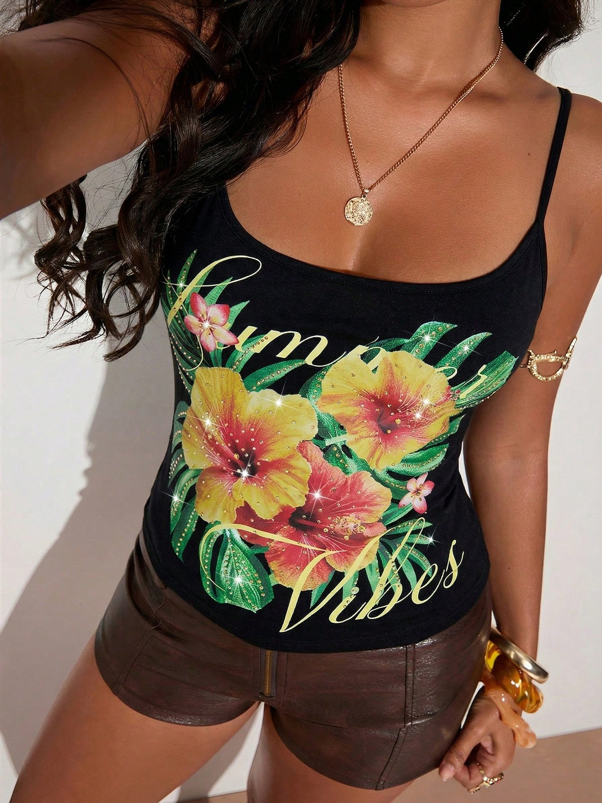 X YERIMUA BAE Women's Blue Floral Tropical Plant Print Rhinestone Embellished Sleeveless Camisole Top, Summer, Casual Holiday, Vacation, Music Festival Cami Beach