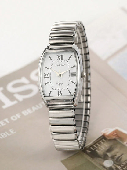XAPWV 1pc Vintage Women's Elastic Band Fashion Barrel Shaped Minimalist & Elegant Quartz Watch