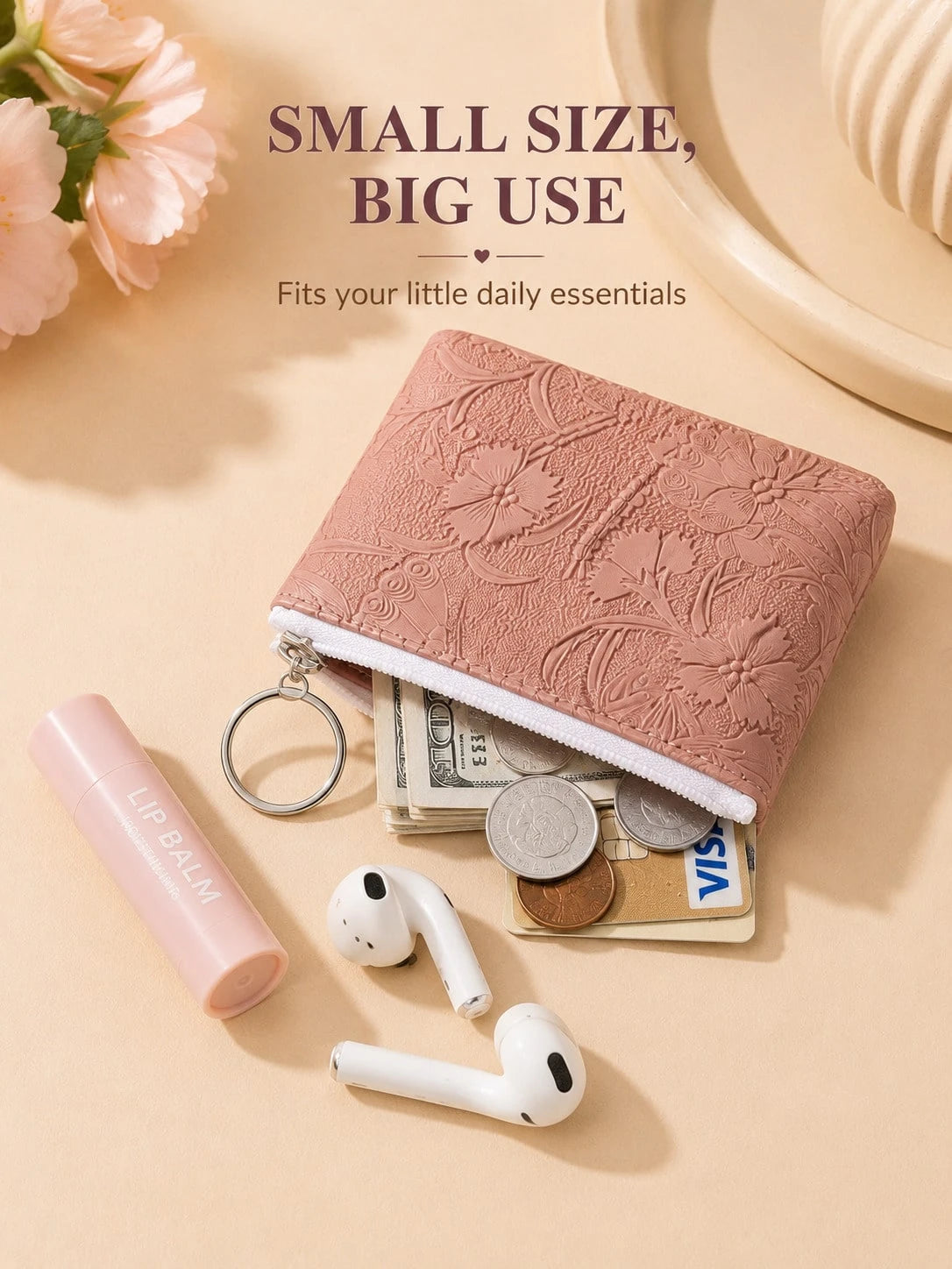 XD 12pcs/6pcs/3pcs/1pc Vintage Floral Coin Purse- Random Floral Pattern, With Metal Keychain, Multi-Functional Storage For Keys, Data Cables, Coins, Suitable For Daily Commute, Short Trips, Spring Ou