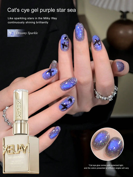 XEIJAYI New Autumn/Winter Ultra-Bright Nail Polish Dazzling Purple Galaxy Cat's Eye Gel Polish Fashionable And Versatile LED Magnetic Purple Cat's Eye Gel With Radiant Sparkle Perfect For DIY Manicure
