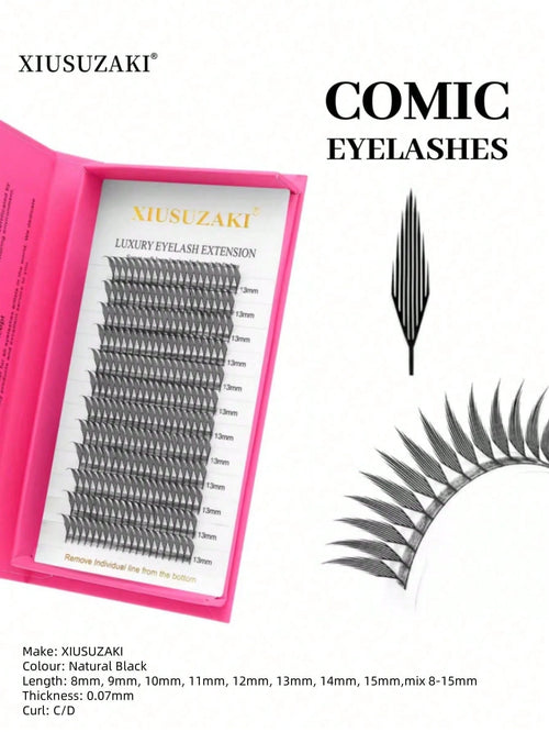 XIUSUZAKI 12-Row Manga Pointed Automatic Fan Pre-Made Grafting Eyelashes, Single-Strand Dense False Eyelashes For Cosplay